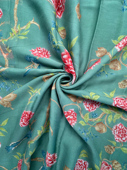 Sage Green Floral Print Chiffon Saree