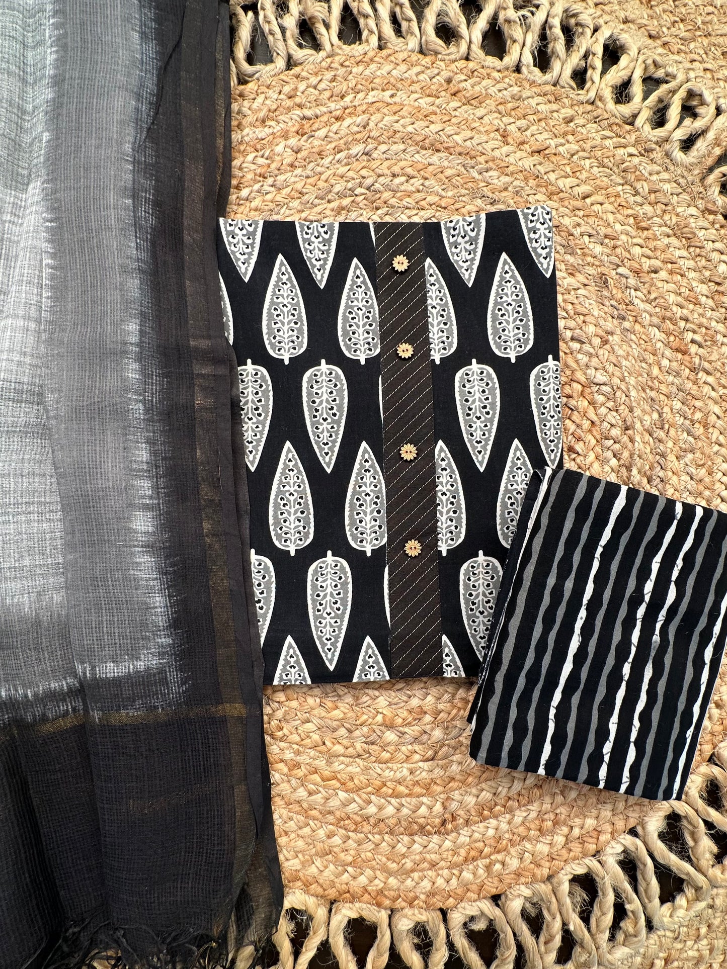 Black Jaipuri Cotton 3-Piece Suit