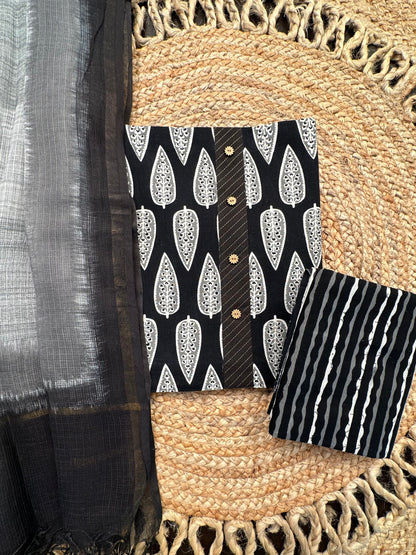 Black Jaipuri Cotton 3-Piece Suit