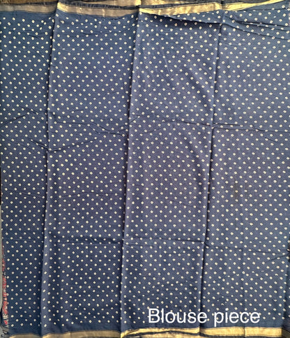 Navy Blue Ajrakh Print Cotton Blend Saree