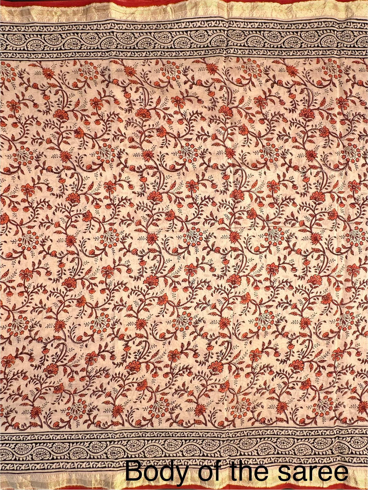 Beige-Red Chanderi Saree with Hand Block Print