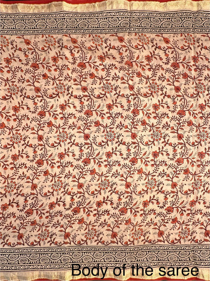 Beige-Red Chanderi Saree with Hand Block Print