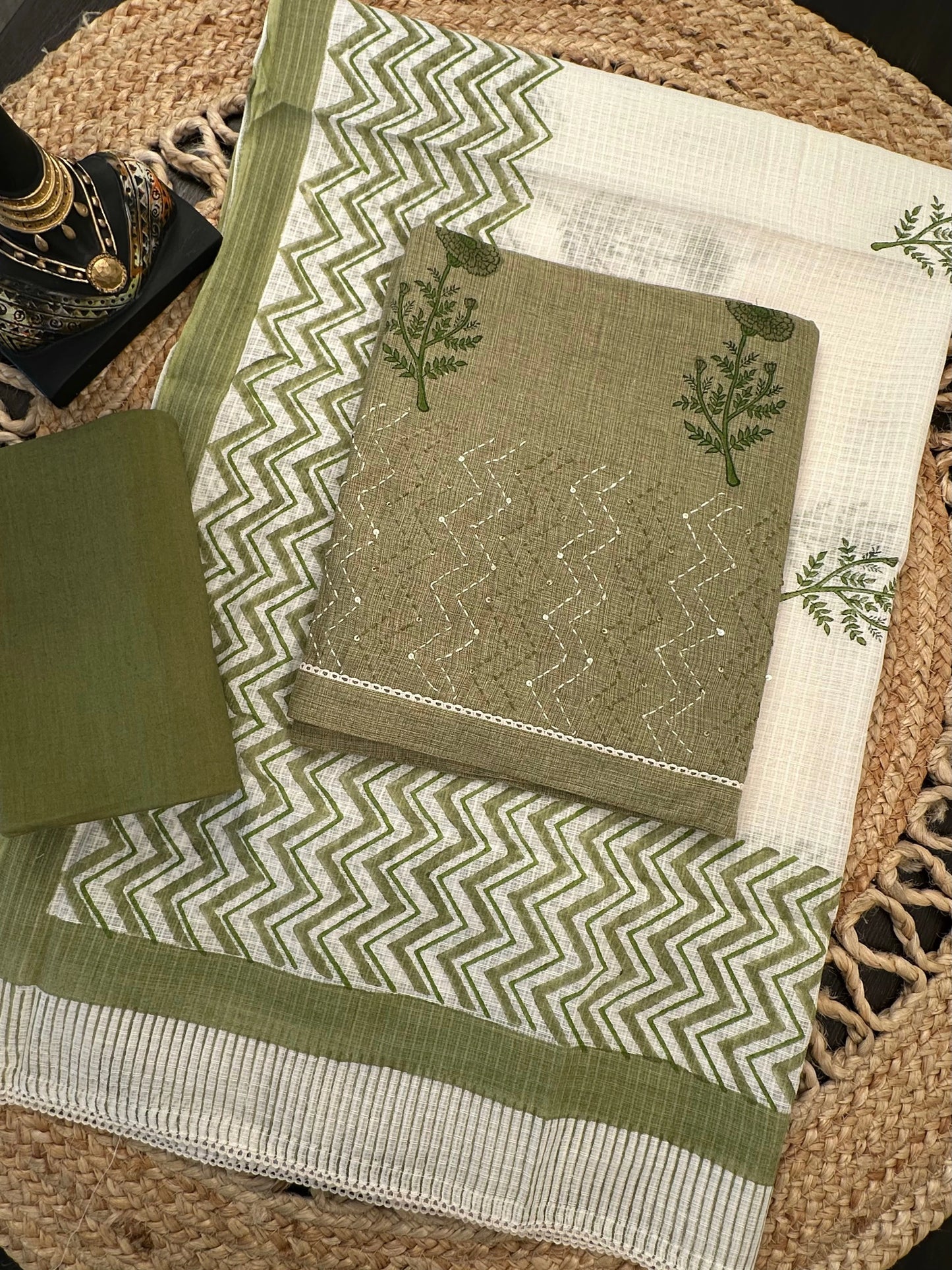 Mehendi Green Jute Cotton 3-piece Unstitched Suit