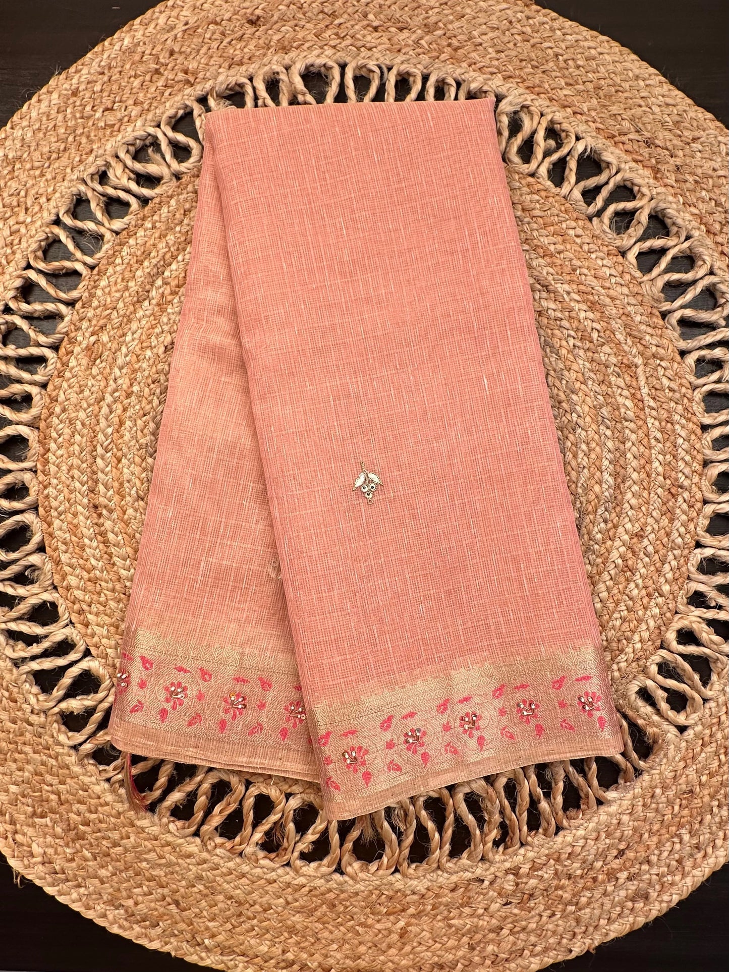Pink Fancy Cotton Saree With Hand Work