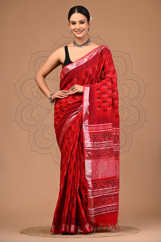 Red Hand Block Printed Linen Saree