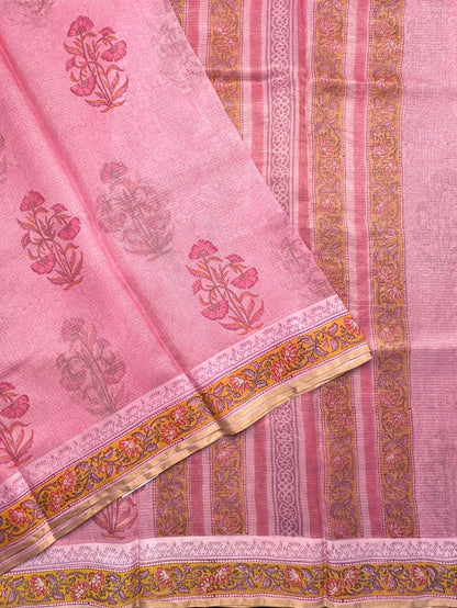 Pink Hand Block-Print Pure Kota Doria Silk Saree