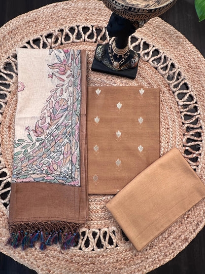 Brown Chanderi 3-Piece Unstitched Suit with Madhubani Dupatta