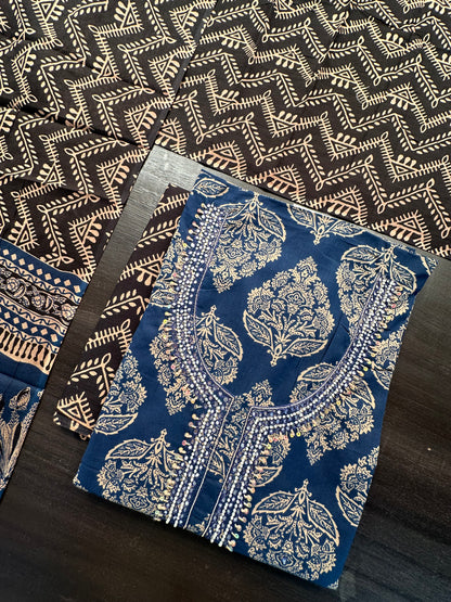 Navy Blue Printed Cotton 3-Piece Suit