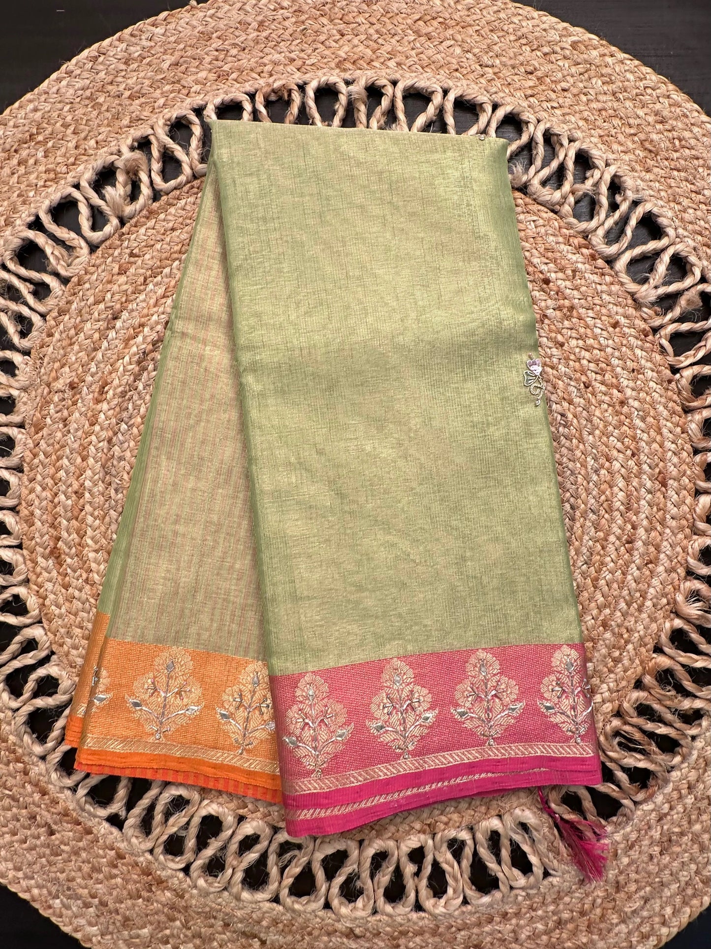 Parrot Green Hand Work Fancy Tissue Saree