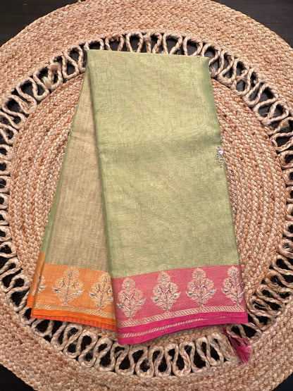 Parrot Green Hand Work Fancy Tissue Saree