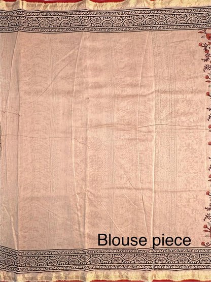 Beige-Red Chanderi Saree with Hand Block Print