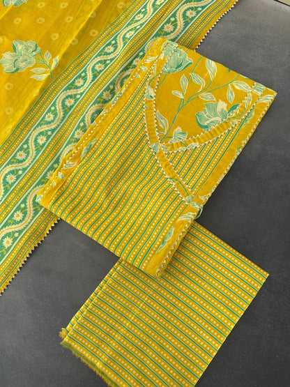 Yellow  Angrakha Printed Cotton 3-Piece Suit
