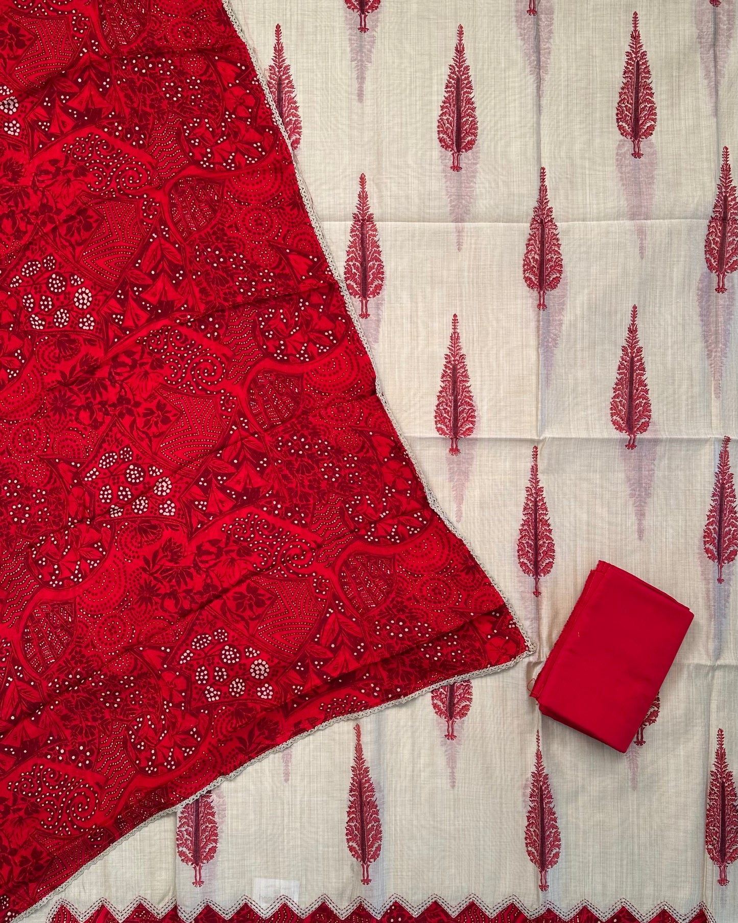 Beige-Red Block Printed Fancy Cotton Suit