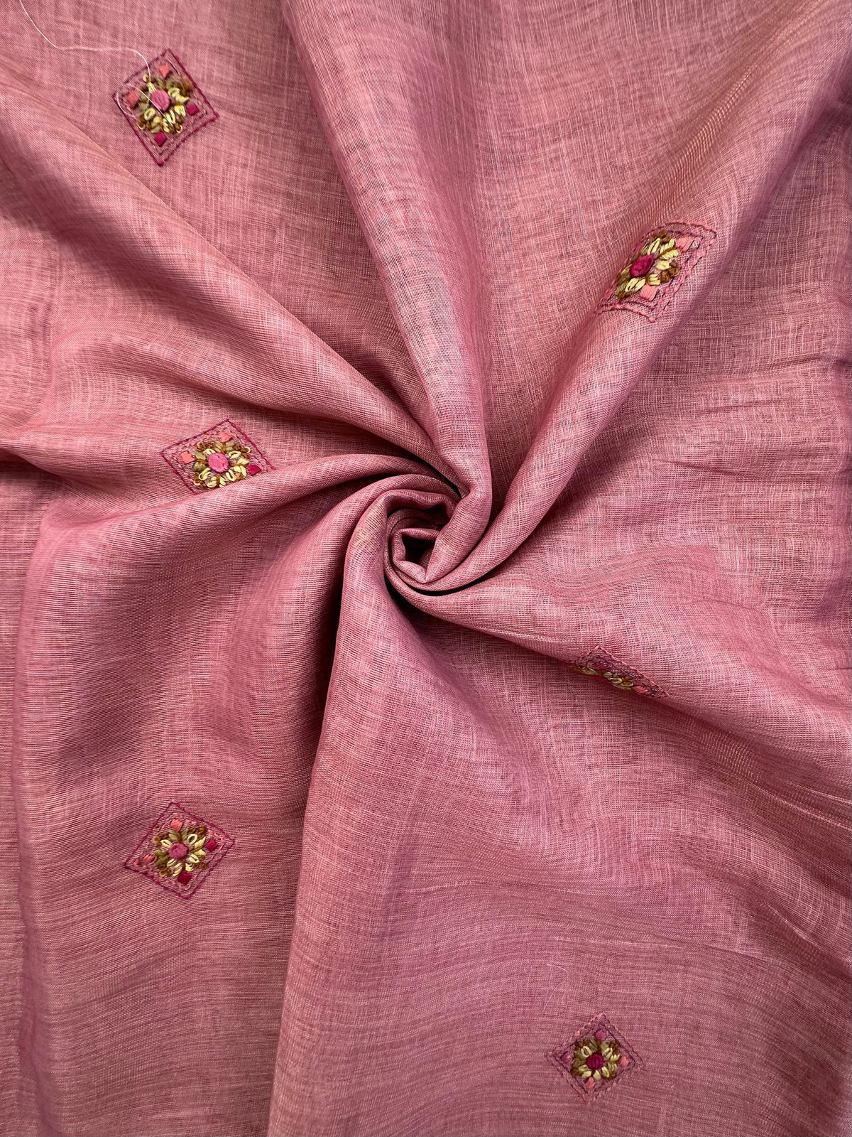 Dusky Pink Blended Cotton Saree with Hand Embroidery