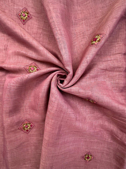 Dusky Pink Blended Cotton Saree with Hand Embroidery