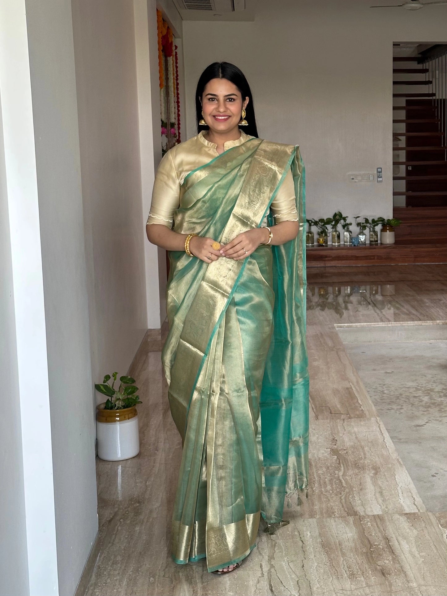 Sea Green Banarasi Pure Tissue Saree