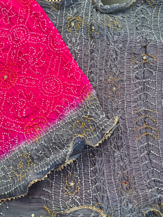 Rani -Grey Bandhej Chinon Saree