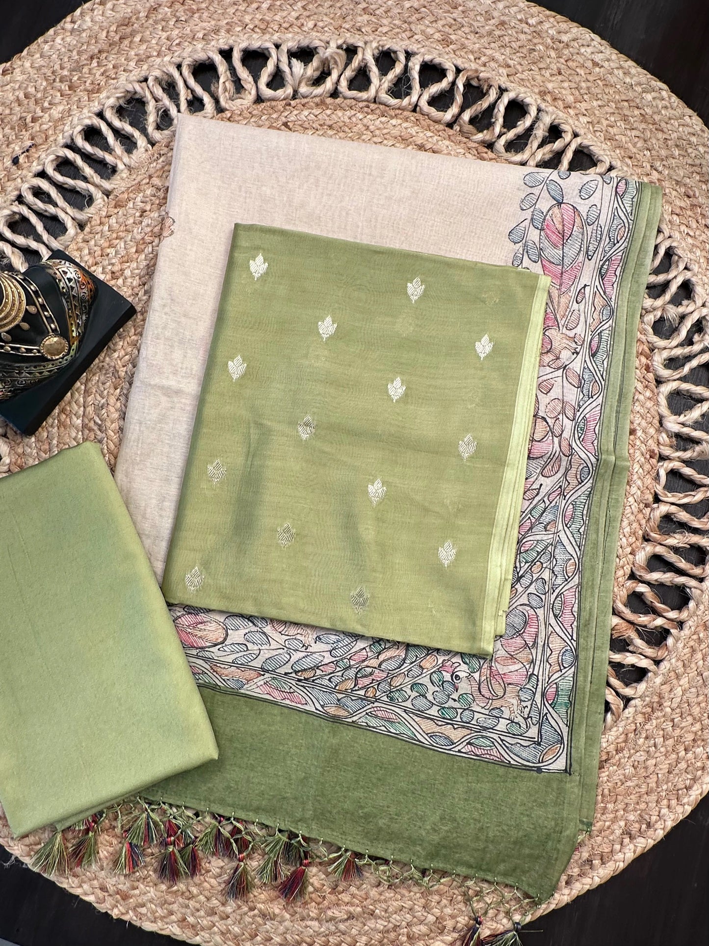 Green Chanderi 3-Piece Unstitched Suit with Madhubani Dupatta