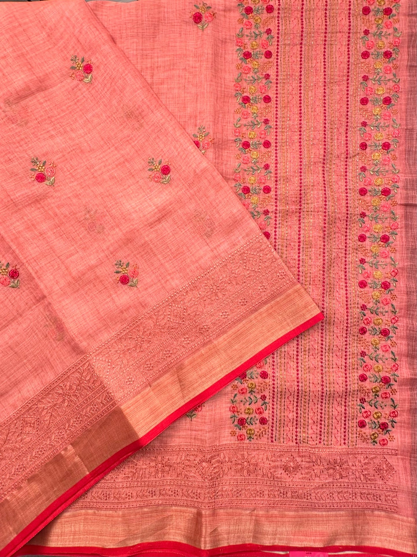 Peach Blended Cotton Saree with embroidery