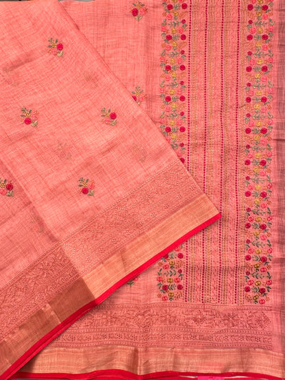 Peach Blended Cotton Saree with embroidery