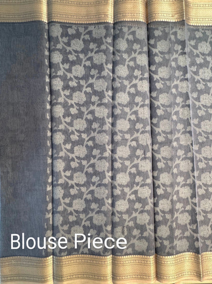 Grey Floral  Emboss Chanderi Saree