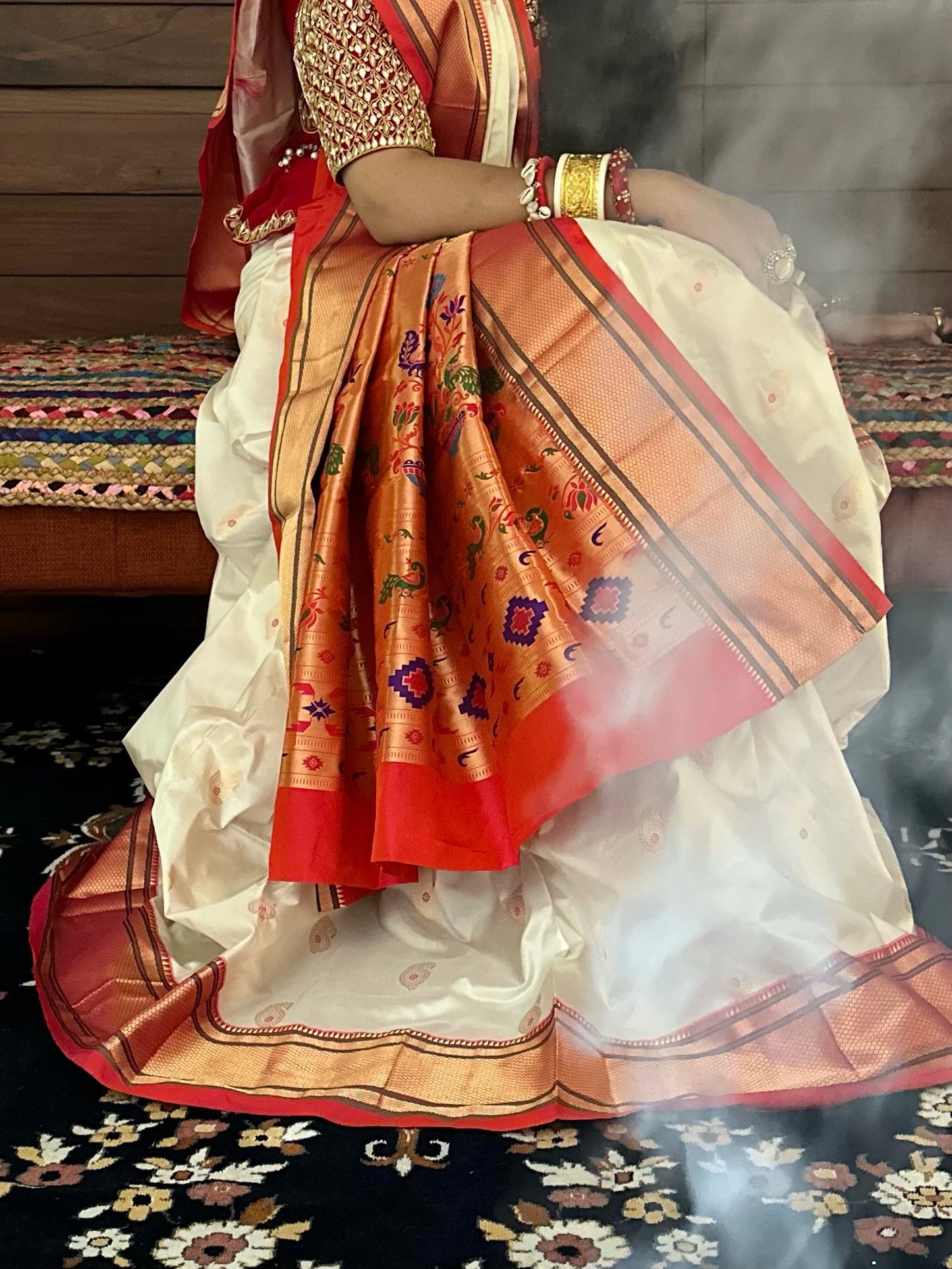 Off White-Red Paithini Silk Saree
