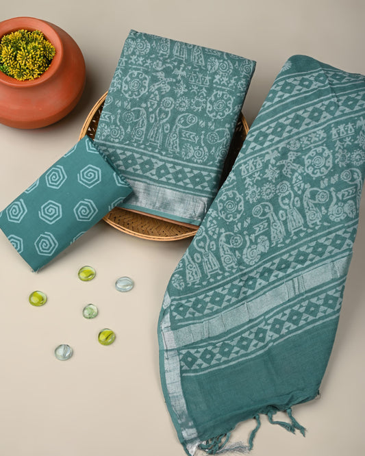 Sage Green Linen Printed Suit