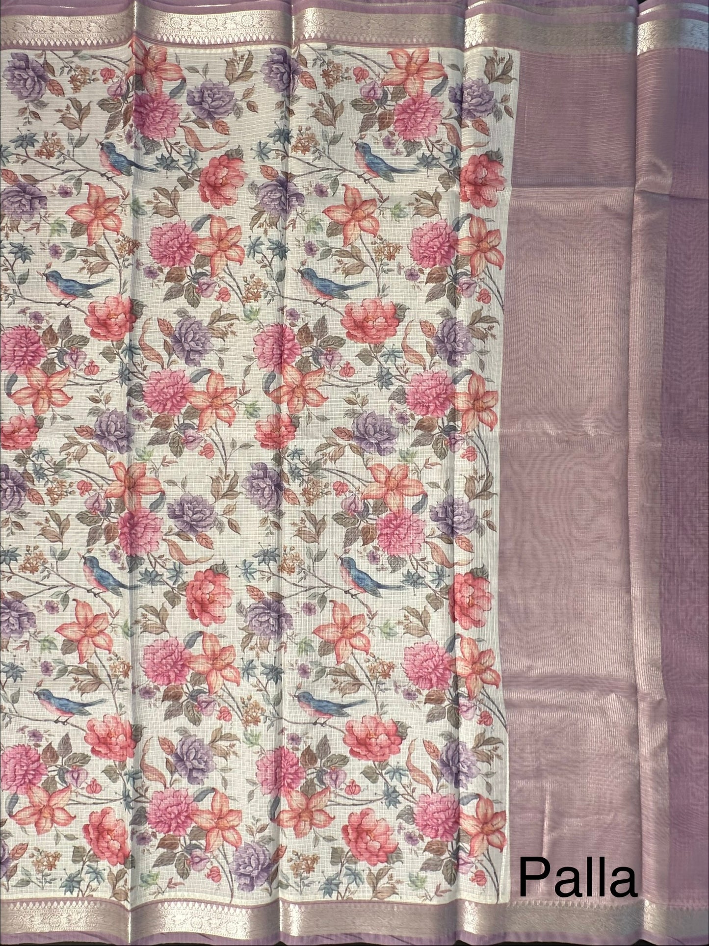 Off White-Mauve Floral Kota Doria Saree