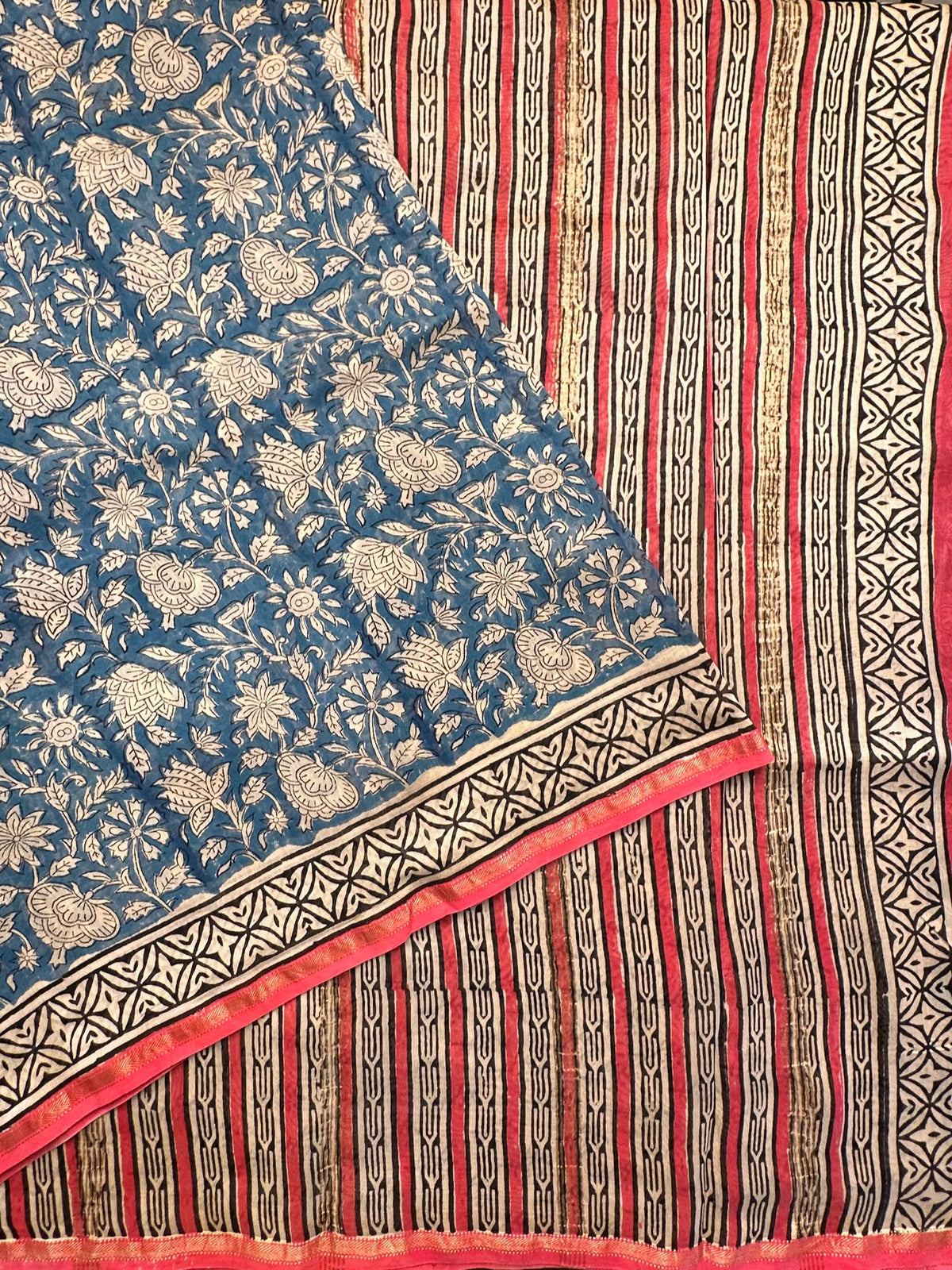 Blue Chanderi Saree with Hand Block Print