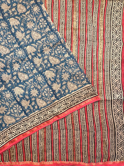 Blue Chanderi Saree with Hand Block Print