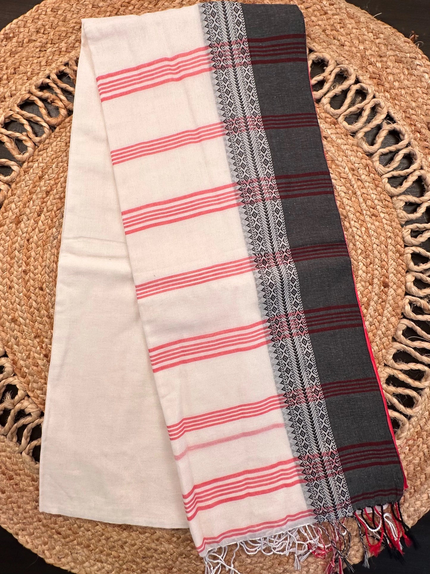Off White-Red-Black Piku Bengal Cotton Saree