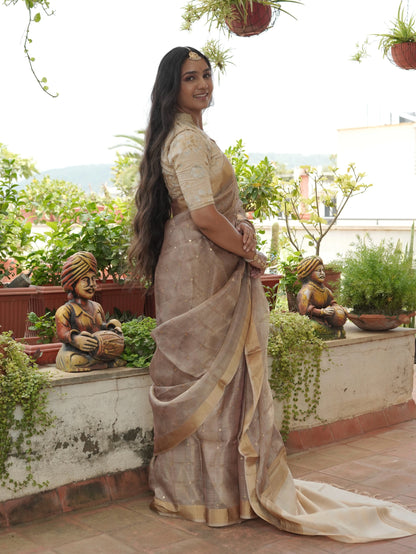 Mauve Emboss Pure Tissue Silk Saree
