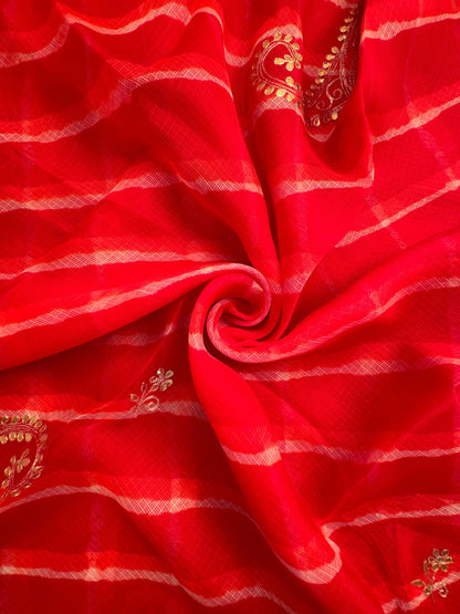 Red-Orange Kyra Leheriya Kota Doria Pure Silk Saree With Gota Patti Work