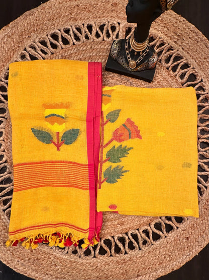 Yellow Linen Dhakai 2 Piece Kurta Dupatta Unstitched Set