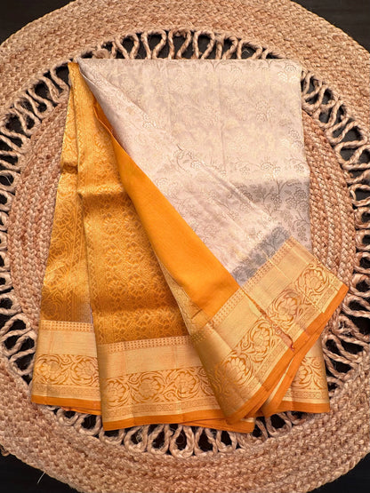 Cream-Mustard Zari Jamawar Pure Silk Saree