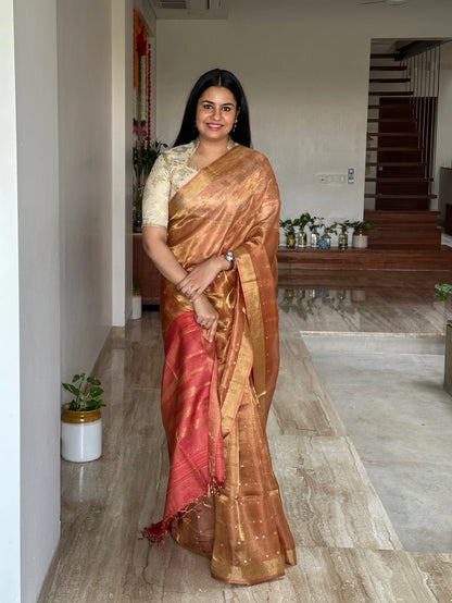 Rust Orange Emboss Tissue Silk Saree