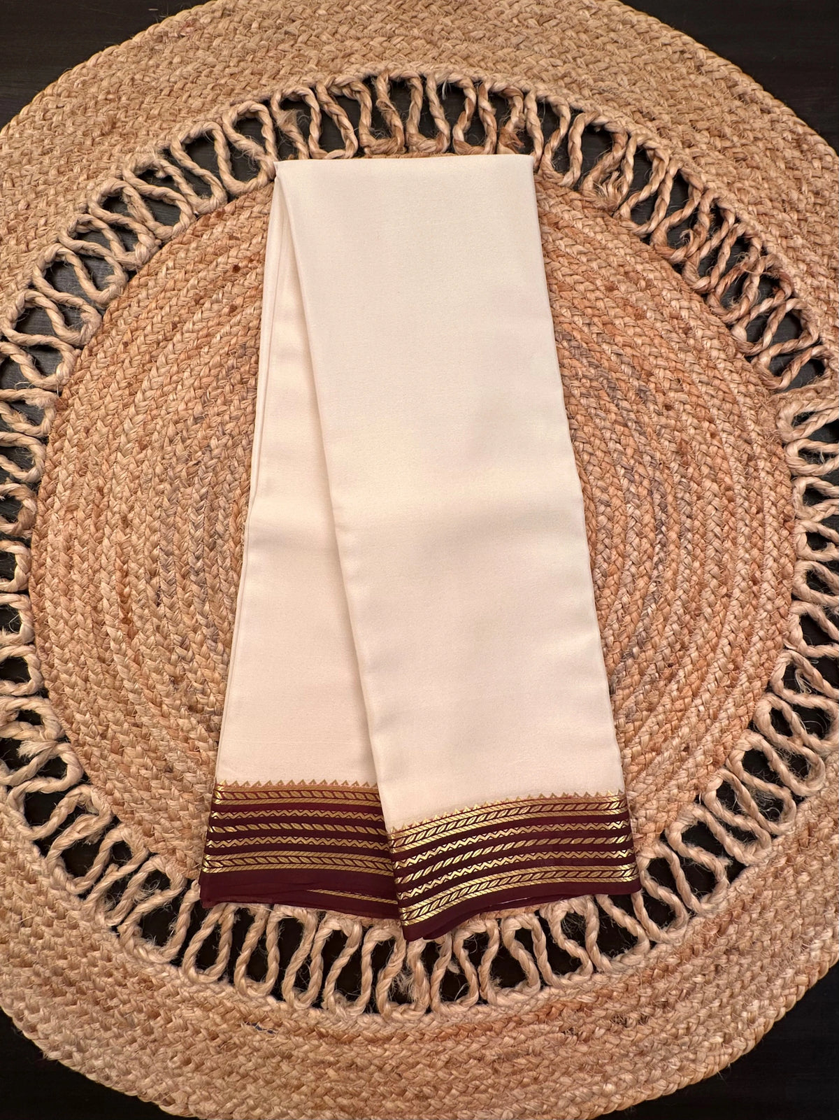 Cream-Maroon Mysore Crepe Saree