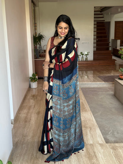 Black Indigo-Blue Ajrakh Blended Modal Saree