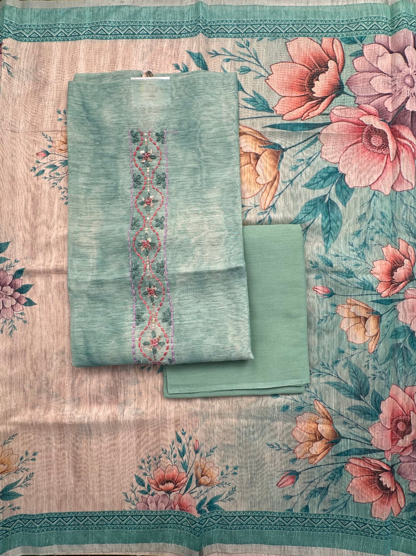 Sea Green Fancy Cotton 3-Piece Suit