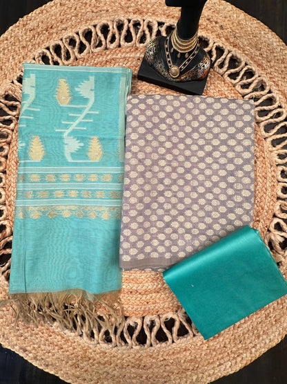 Grey Jacquard Unstitched Cotton Suit