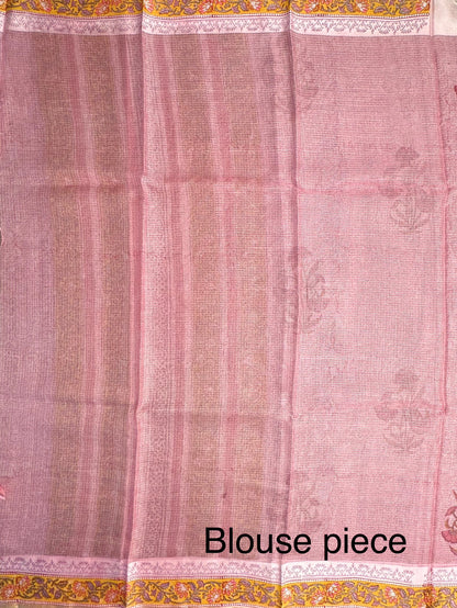 Pink Hand Block-Print Pure Kota Doria Silk Saree