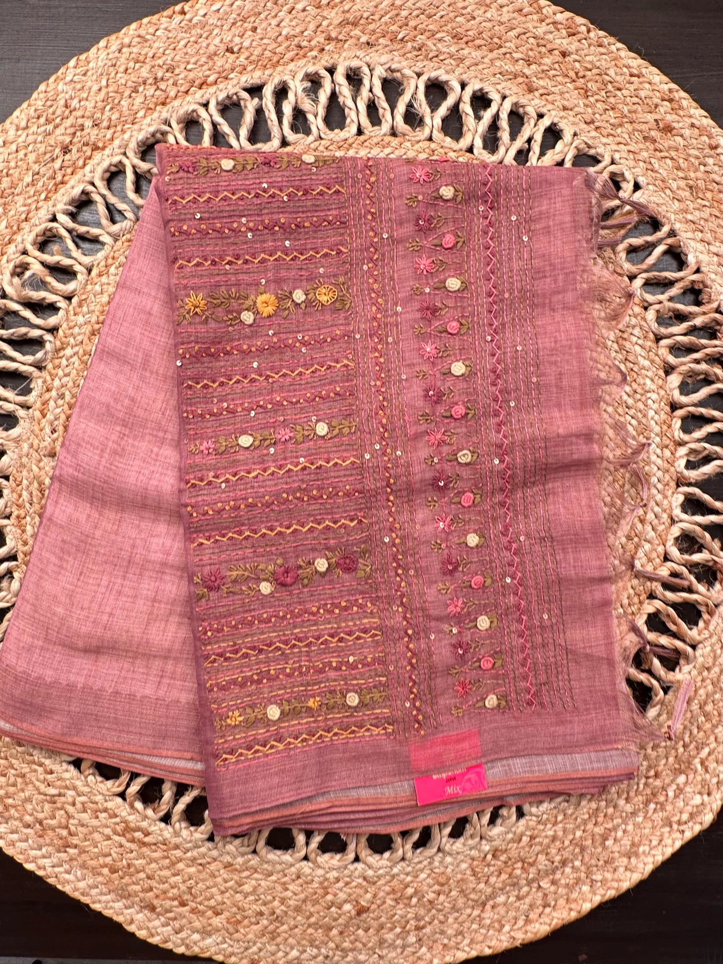 Dusky Pink Blended Cotton Saree with Hand Embroidery