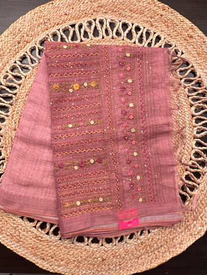 Dusky Pink Blended Cotton Saree with Hand Embroidery