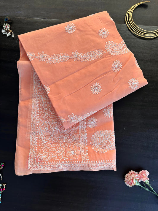 Peach Chikankari Cotton Saree