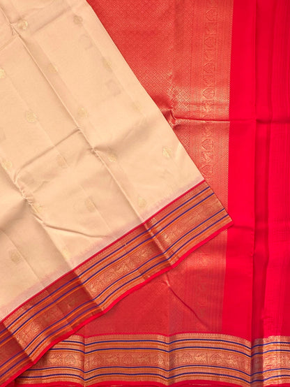 Light Beige-Red Pure Silk Saree