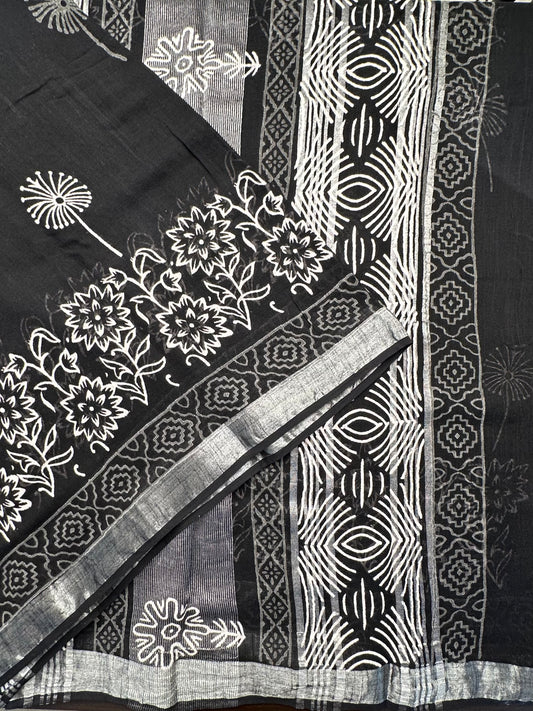 Black Hand Block Printed Linen Saree