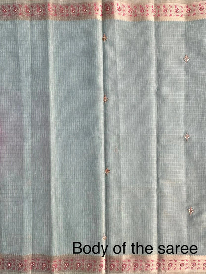 Sea Green Fancy Zari Cotton Saree With Hand Work
