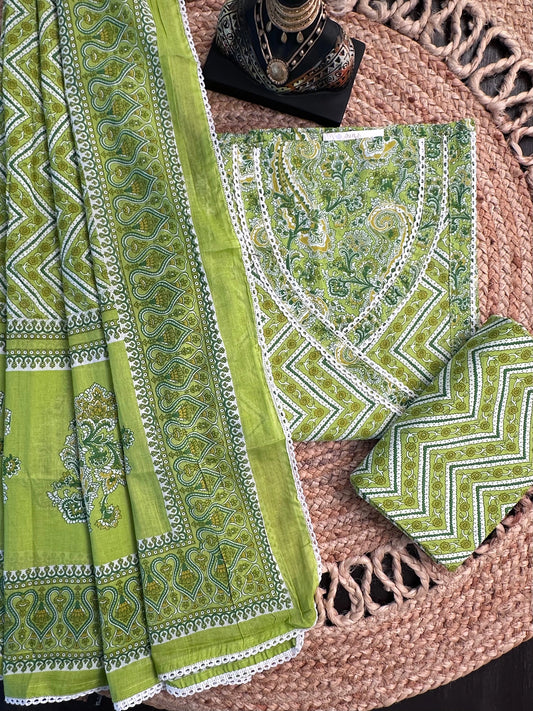 Green Angrakha Printed Cotton 3-Piece Suit