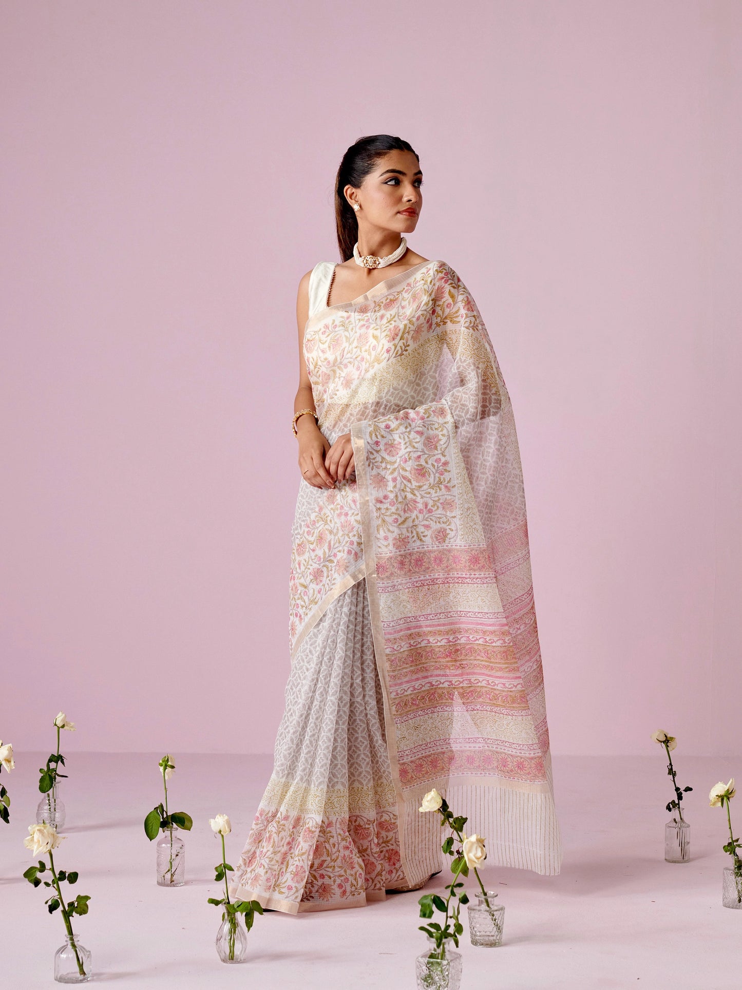 Off White - Grey Block Printed Kota Doria