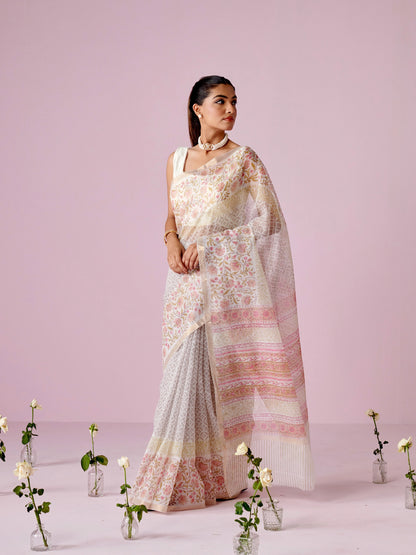 Off White - Grey Block Printed Kota Doria